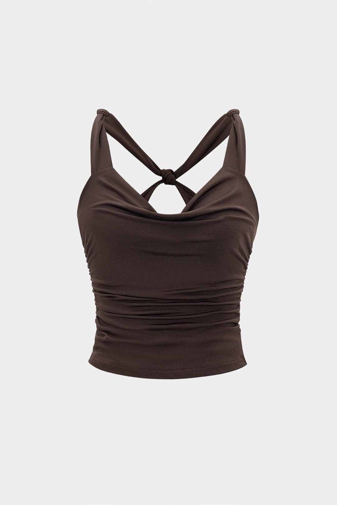Solid Ruched Backless Crossed Cami Top - COFFEE / S