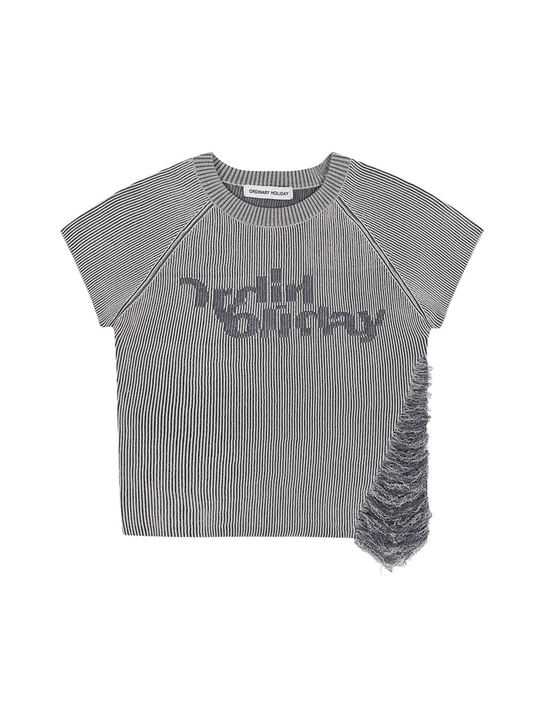 DAMAGE RIBBED HALF SLEEVE KNIT [GRAY]