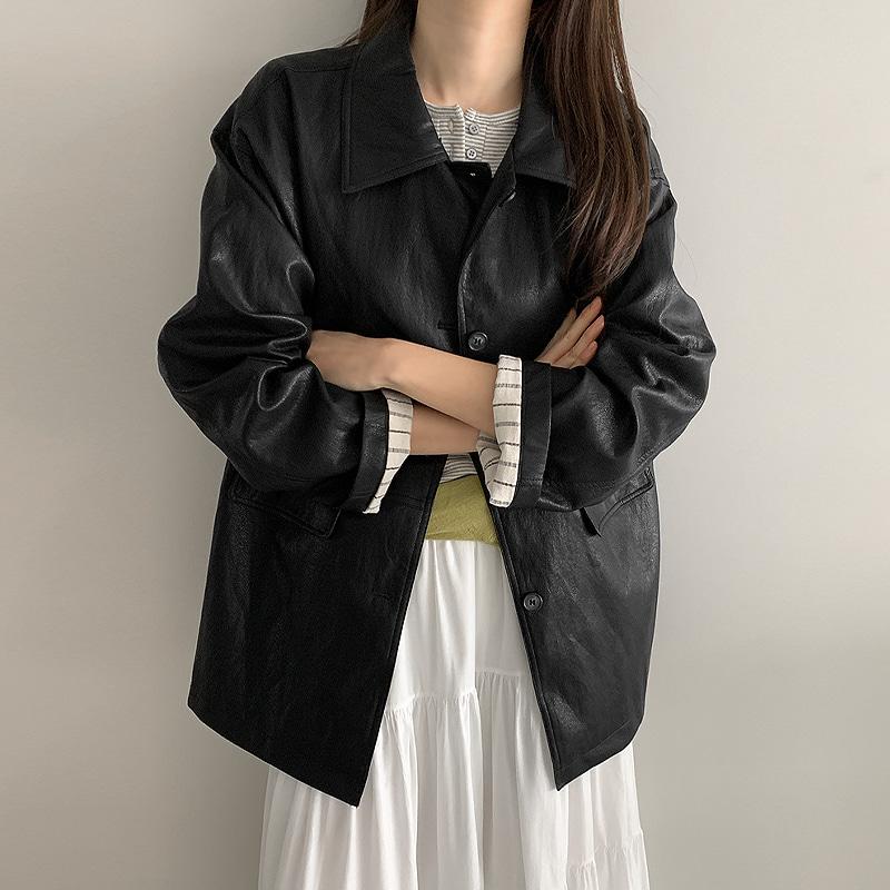 [트렌디무드✔/데일리룩/활용도UP]로비드 오버핏 레더 미디 자켓 - 2 color