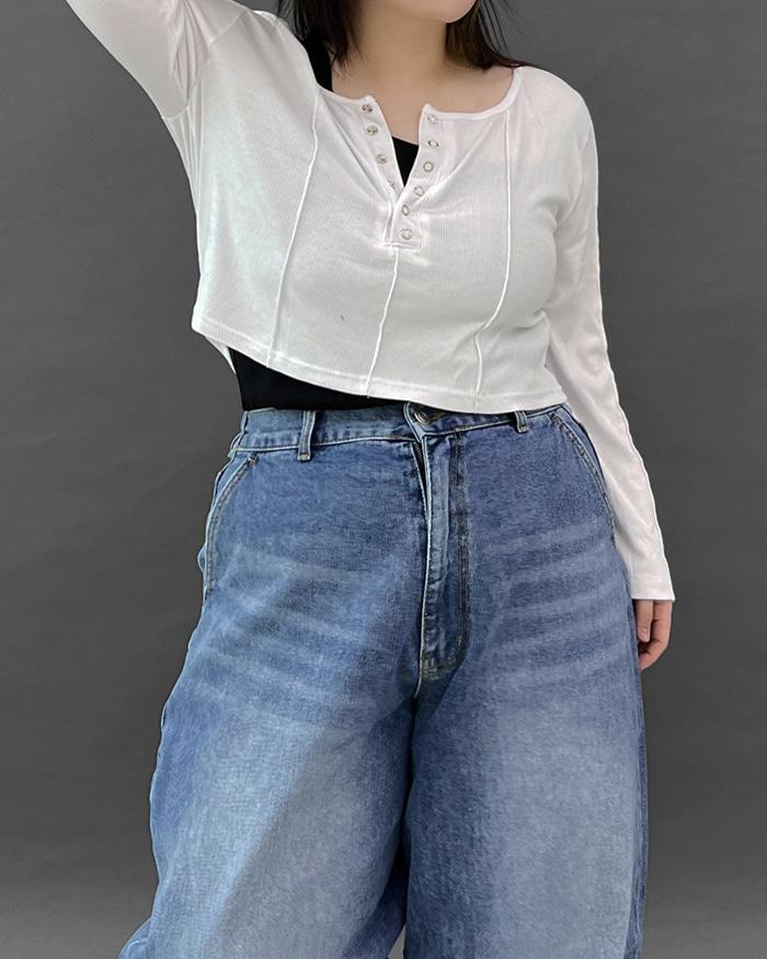 [BEST] 스냅단추 크롭 라인 T