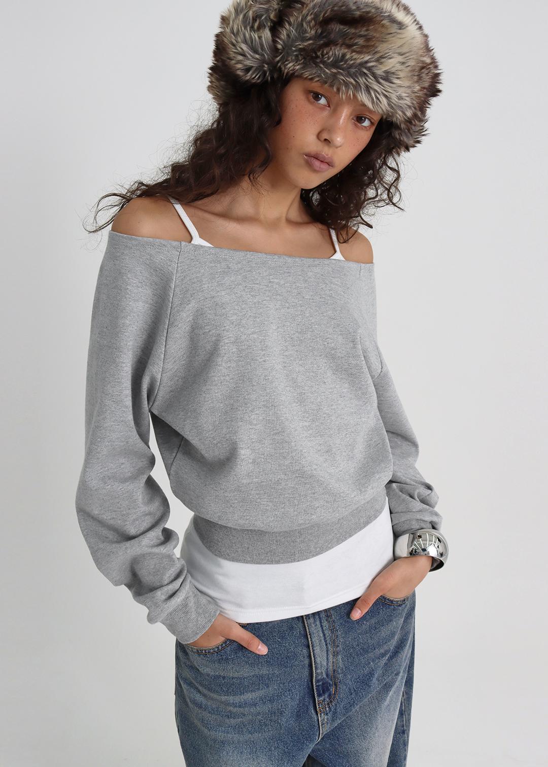 블랙업 [3천장판매] [B-BASIC] 라이트 스웨트 오프숄더 맨투맨