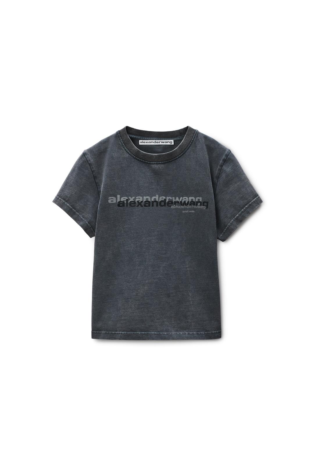 블랙 디스트레스드 로고 슈렁큰 티셔츠