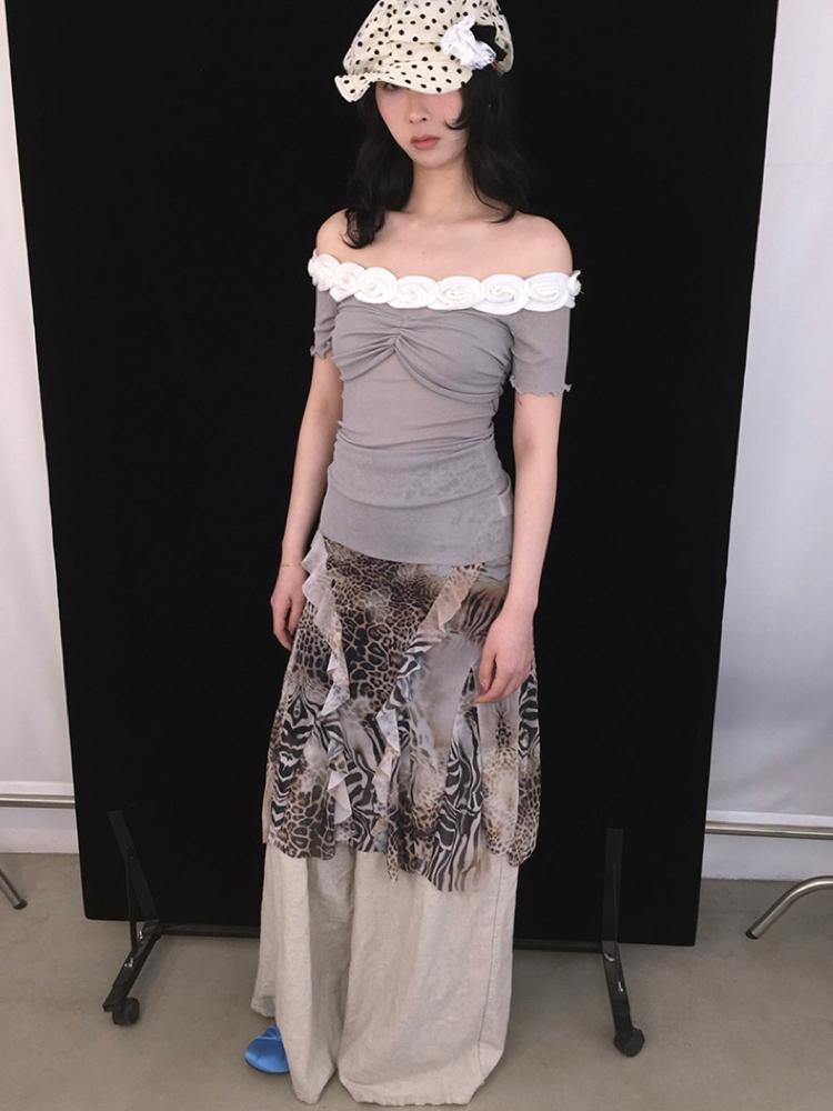 Ttsunami Leopard Splicing Mesh Long Skirt