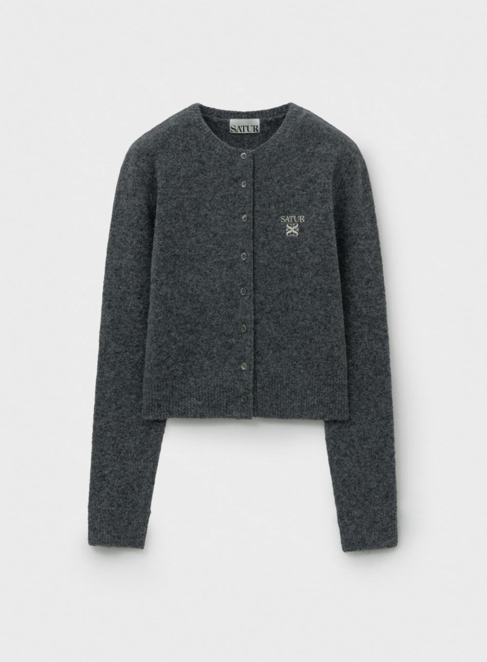 (W) Loren Wool Blend Crew Neck Knit Cardigan - Charcoal