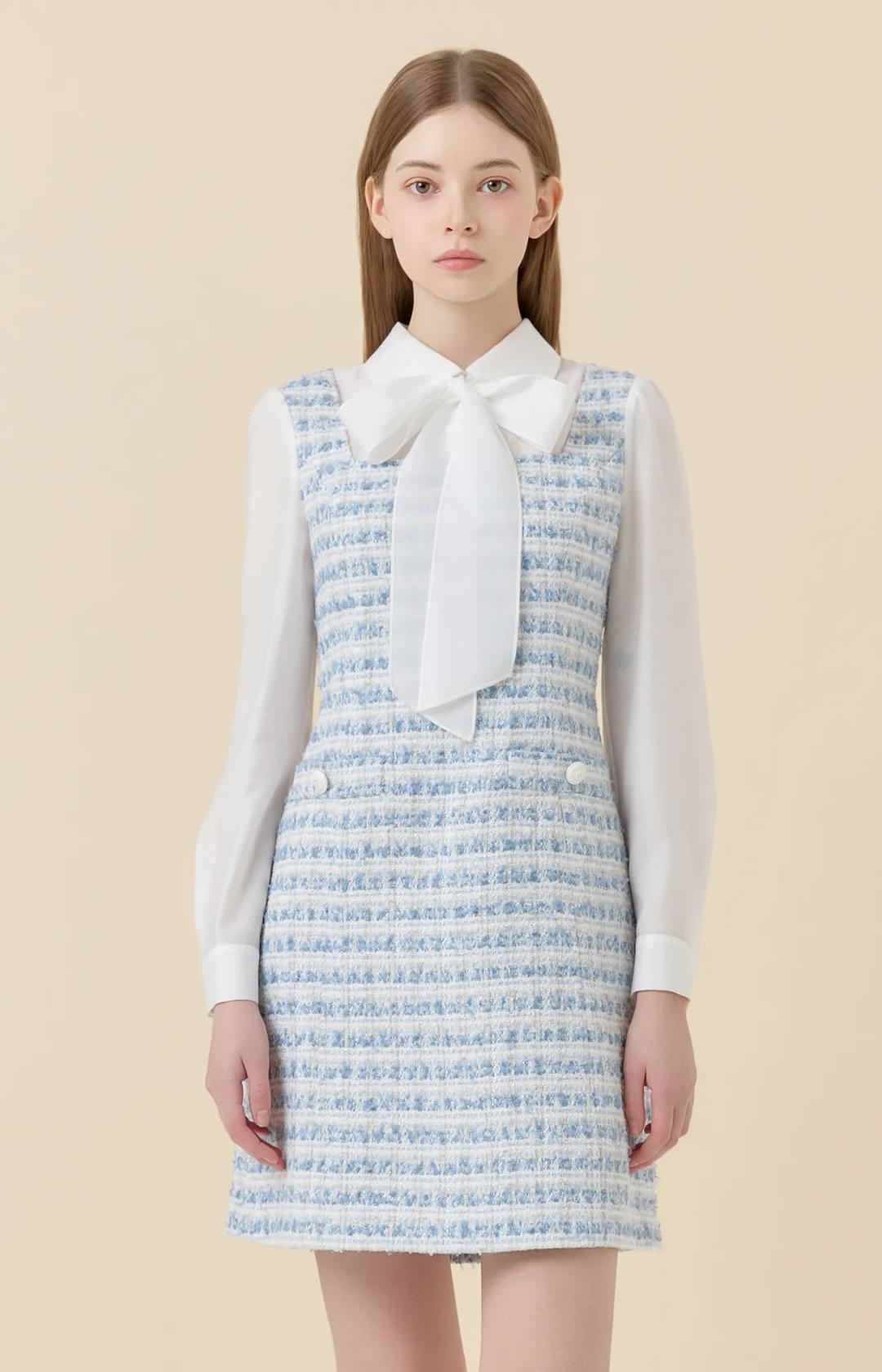 리본타이 레이어드 미니 원피스