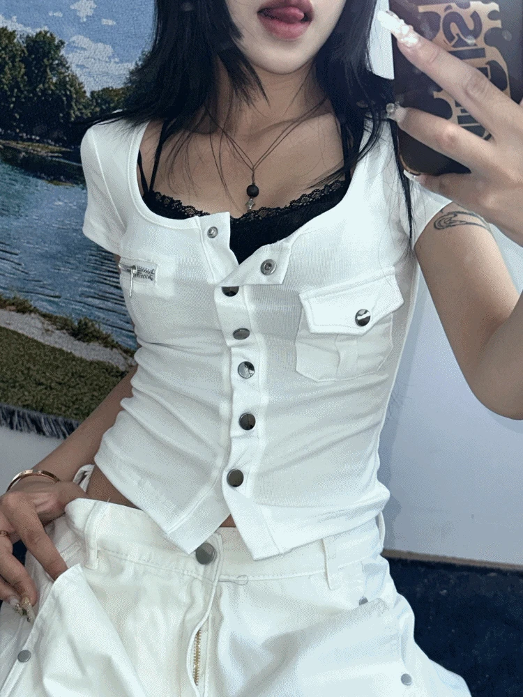 핫 걸즈 글램 업 y2k 버튼 포켓 슬림 하프 티셔츠(3color)