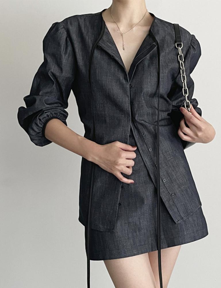 [논페이드] 라운지 생지 데님 퍼프 블라우스 [흑청]