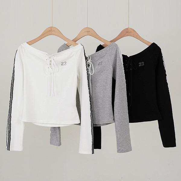 [3C] 23 로프 오프숄더 레이스 트랙티 긴팔티 캐주얼 안무의상 트랙티셔츠 삥줄 면티셔츠 댄스복 걸스힙합