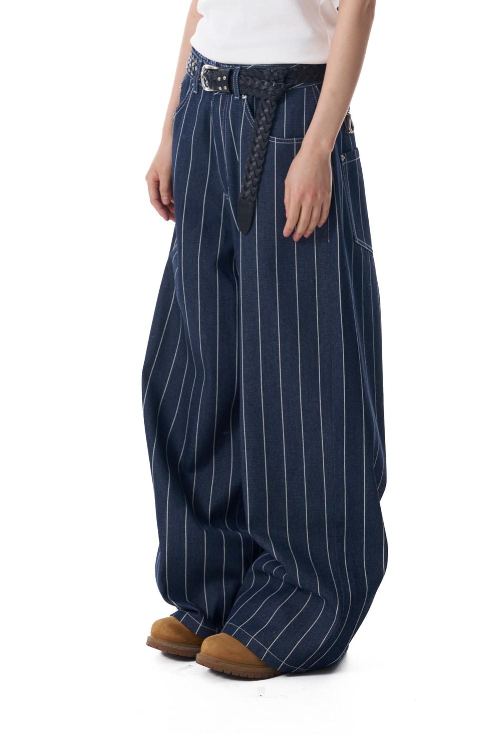 Striped Cinch Back Denim Pants (Blue)