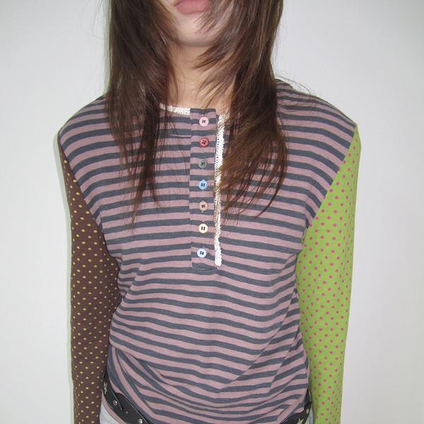 3MONTH striped patchwork polka dot lace long-sleeved T-shirt