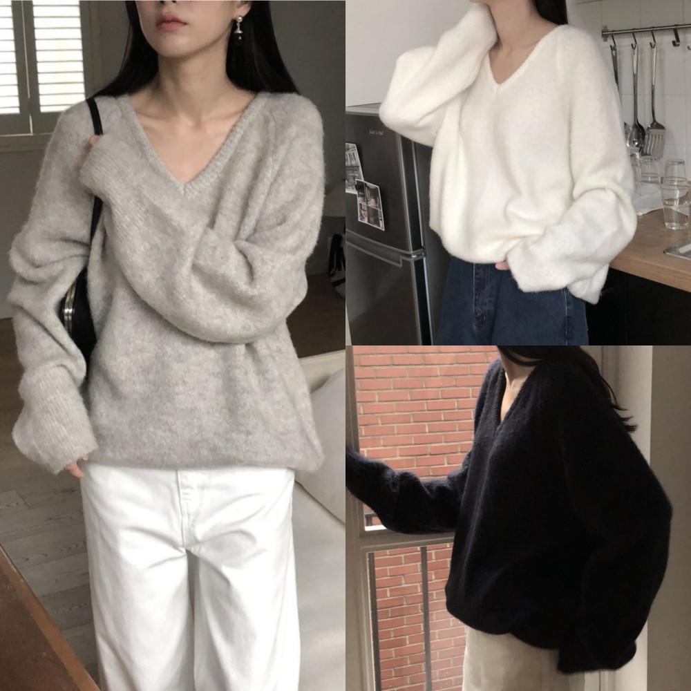 르버터 알파카 브이넥 니트 여성 가을 루즈핏 부드러운 브이넥 니트 3color