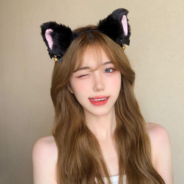 [단품/1+1] 고양이 귀 머리띠 할로윈 크리스마스 이벤트 캣걸 리본 방울 체육대회 단체 헤어밴드 고양이귀 BJ 놀이공원 우정 사진 코스프레 소품 21cm 블랙 화이트