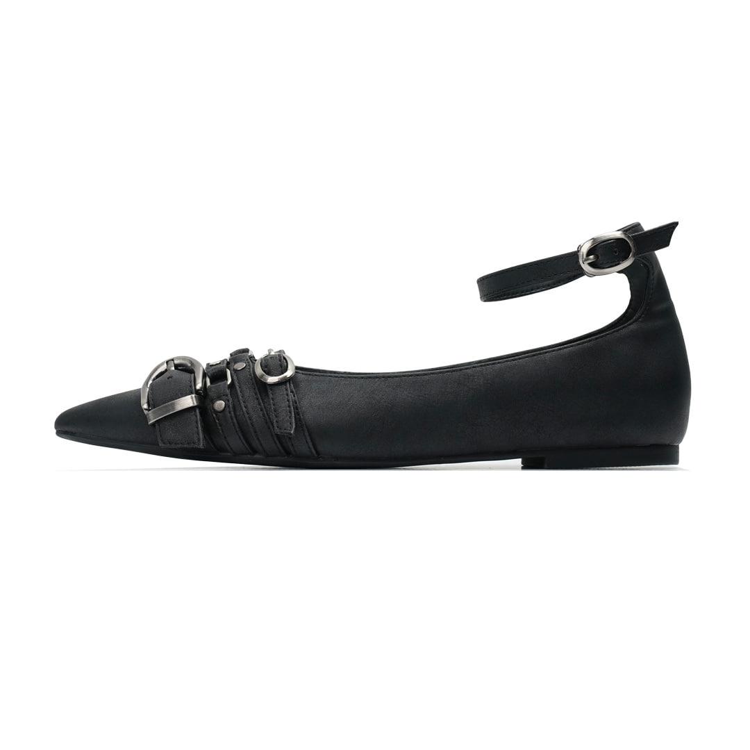 r. 904  four belted steletto flats  /  black