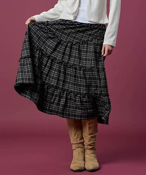 기모 도톰 체크 레이스 미디 플레어 롱스커트 [BLACK] 가을 겨울 ver.