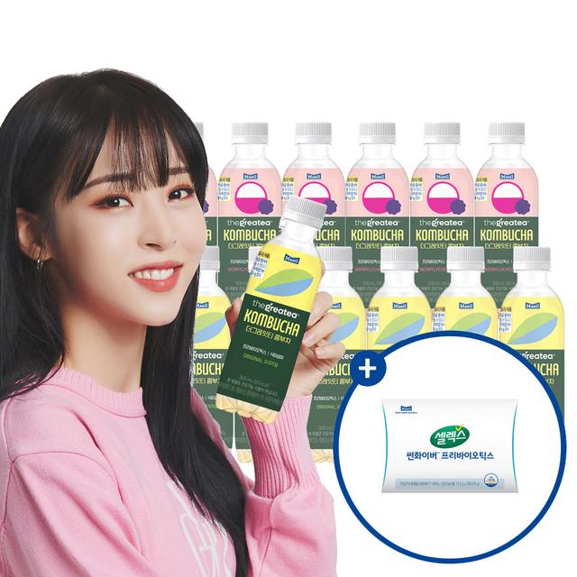더그레잇티 콤부차 오리지널 + 베리리치 300ml 총 12개입 [문별 스티커 + 셀렉스 썬화이버 락토프리 샘플킷 + 리플렛 증정]