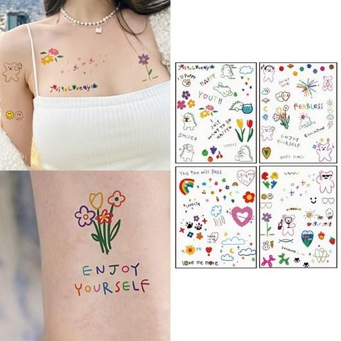 T-80 젤루나 (4장세트) 귀여운 컬러 일러스트 색연필 바디 셀프 타투 스티커 세트 - 헤나/타투스티커 | 쿠팡