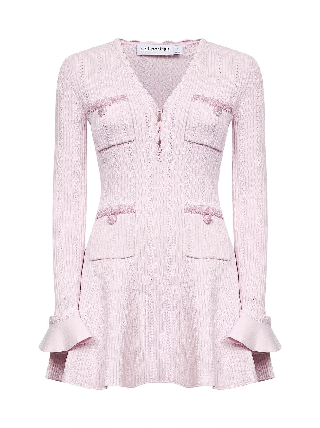 핑크 포인트엘 니트 진주 트림 미니 드레스