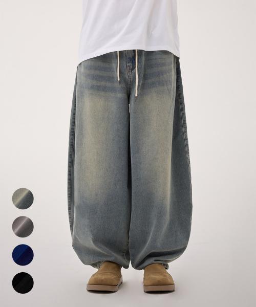 딥센스(DEEP SENSE)  워싱 벌룬 와이드 밴딩 데님 D627 - 4COLOR - 사이즈 & 후기 | 무신사