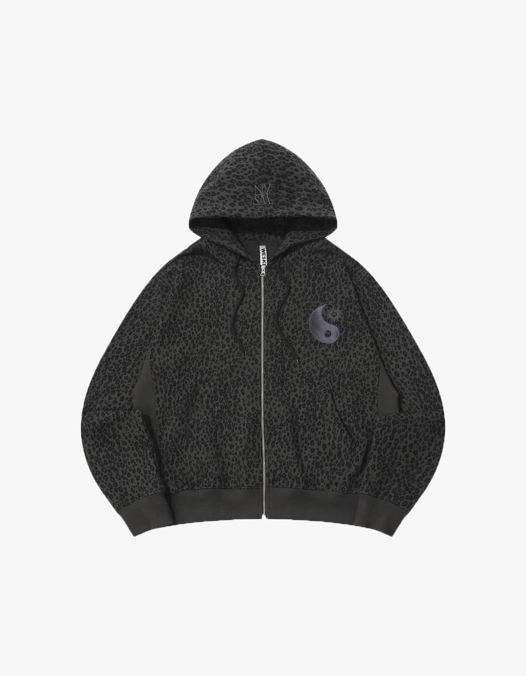 Leopard Yinyang Embroidery Hooded Zip-Up - Charcoal