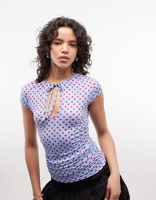Reclaimed Vintage keyhole tie cap sleeve top in blue magenta polka dot