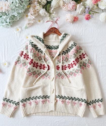 초핑레 아이보리 후드 니트 가디건