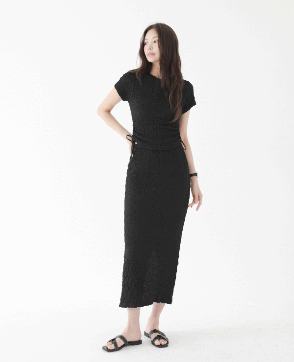 플랫 링클주름 반팔티셔츠 롱스커트 셋업 (2color)