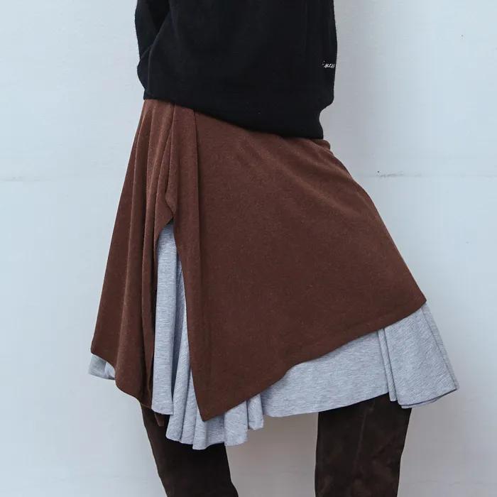 버튼 레이어드 미디 스커트_브라운