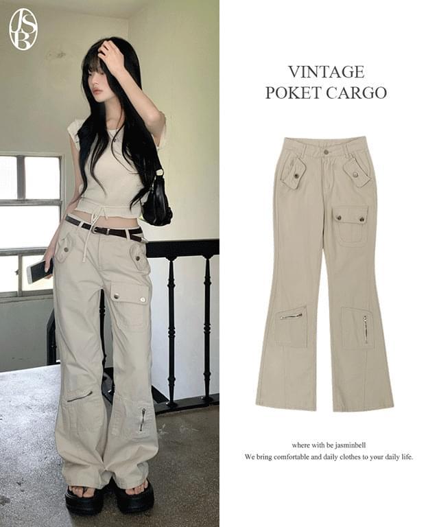 ドーフヴィンテージポケット切り替えローウエストカーゴセミブーツカットロングパンツ (人気商品配送遅延)