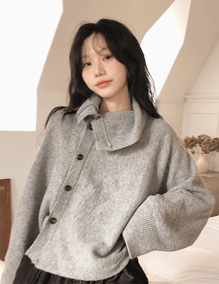 빈블 [빈티지/여리핏] 포나튼 하이넥 언발 루즈핏 버튼 케이프 니트 가디건