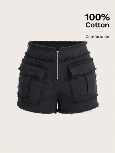 SHEIN ICON Zip Fly Flap Pocket Raw Trim Shorts