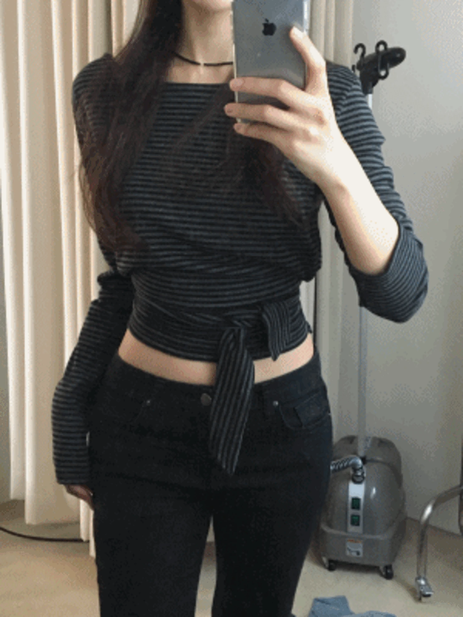 [허리잘록:♥/팔뚝삭제] 오레오 원오프숄더 스트라이프 매듭티 스냅 보트넥 (4col)