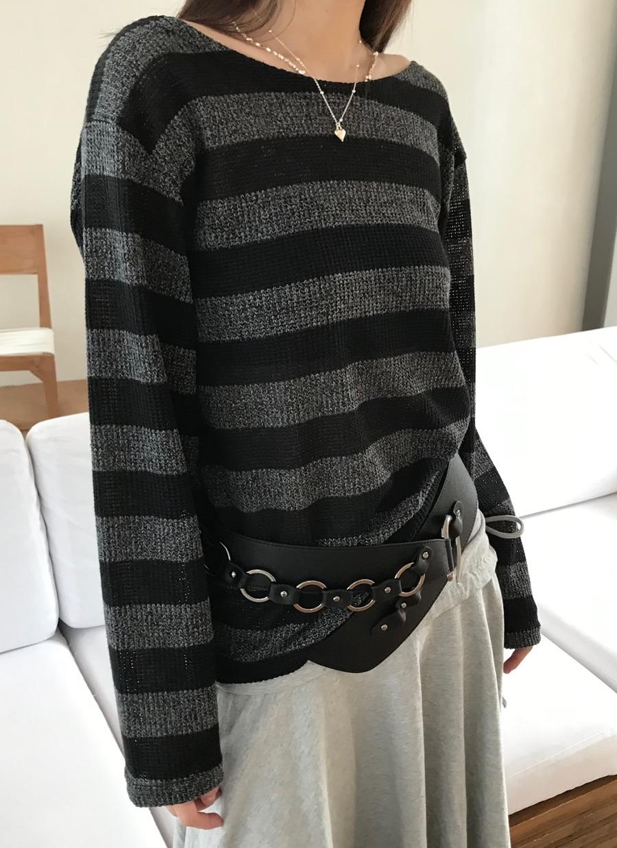 Becca T 베카 니트 티 시스루 단가라 스트라이프 루즈핏 레이어드