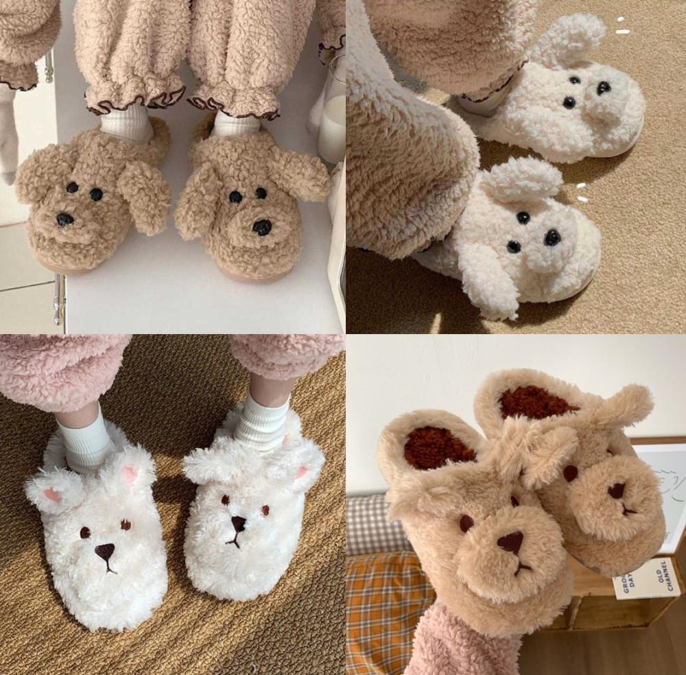 겨울 털 강아지 실내화 슬리퍼 / 방한 푹신한 뽀글이 양털 강아지 푸들 실내화 거실화