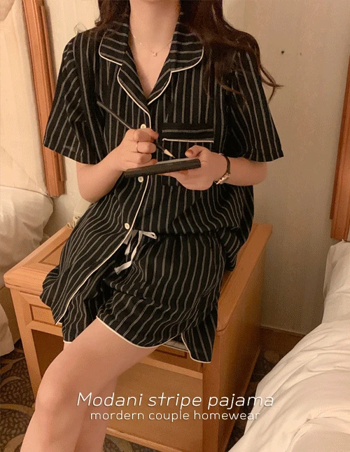 (커플)모다니 스트라이프 반팔 잠옷 세트 면 심플 여름 파자마 2color