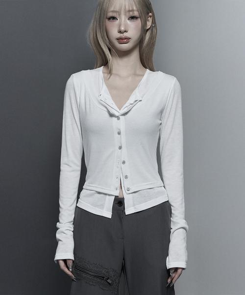 U-Neck Double Button layered Cardigan (White)