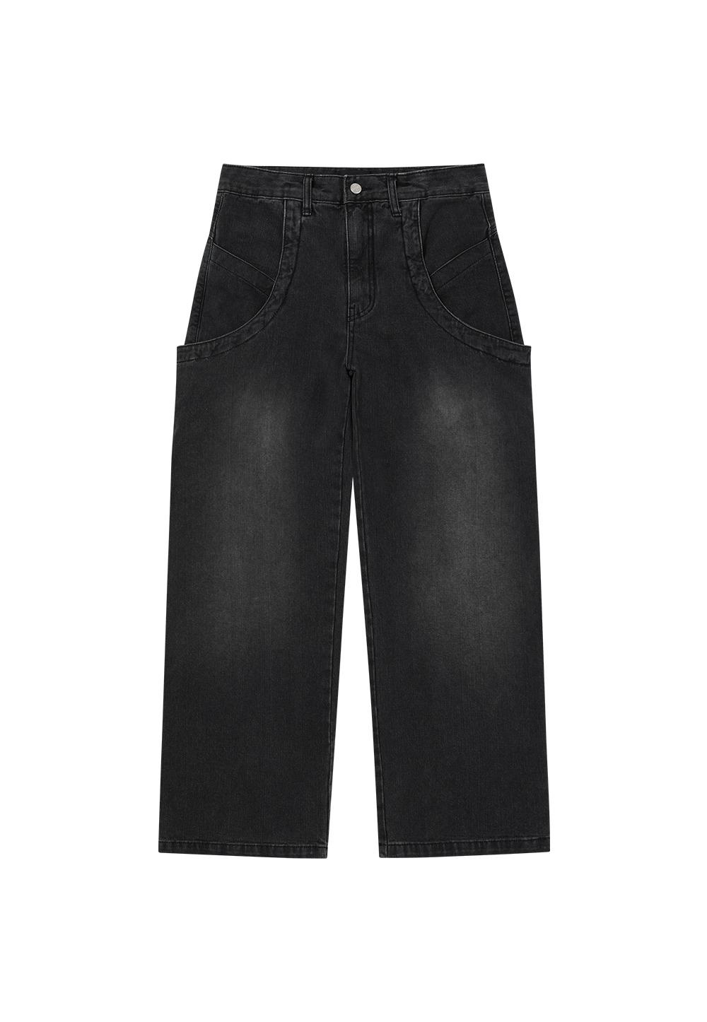 Washing curve pocket wide denim pants - GREY