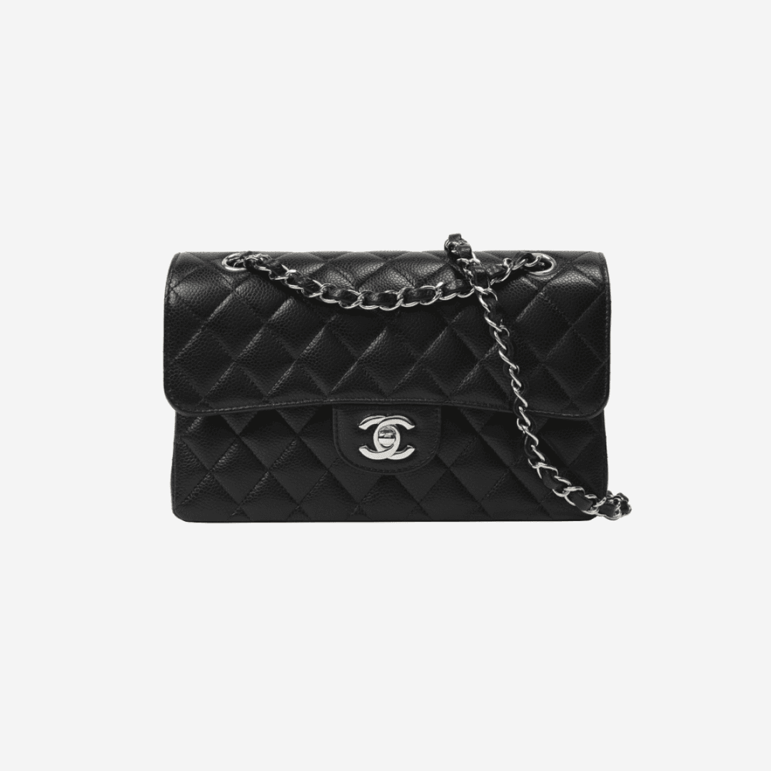 Chanel Small Classic Handbag Grained Calfskin & Silver Black