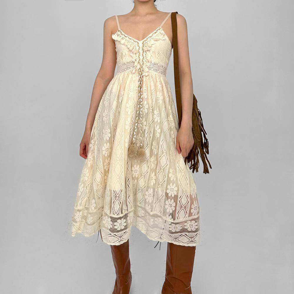 [강력추천/고퀄리티] 빈티지 보헤미안 뷔스티에 시스루 레이스 롱 원피스 * 제주도 여행룩, 페스티벌룩 추천!