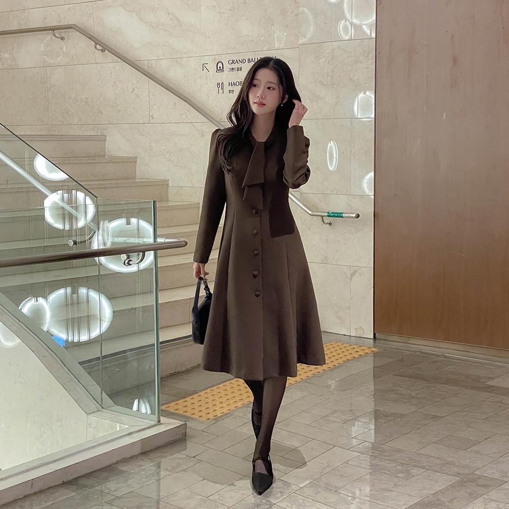 타이넥 퍼프 A라인 원피스(+벨트)