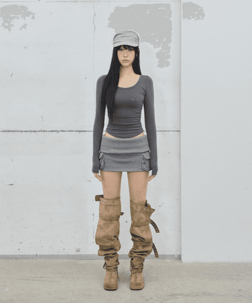 Shirring Long Sleeve Tee / Charcoal