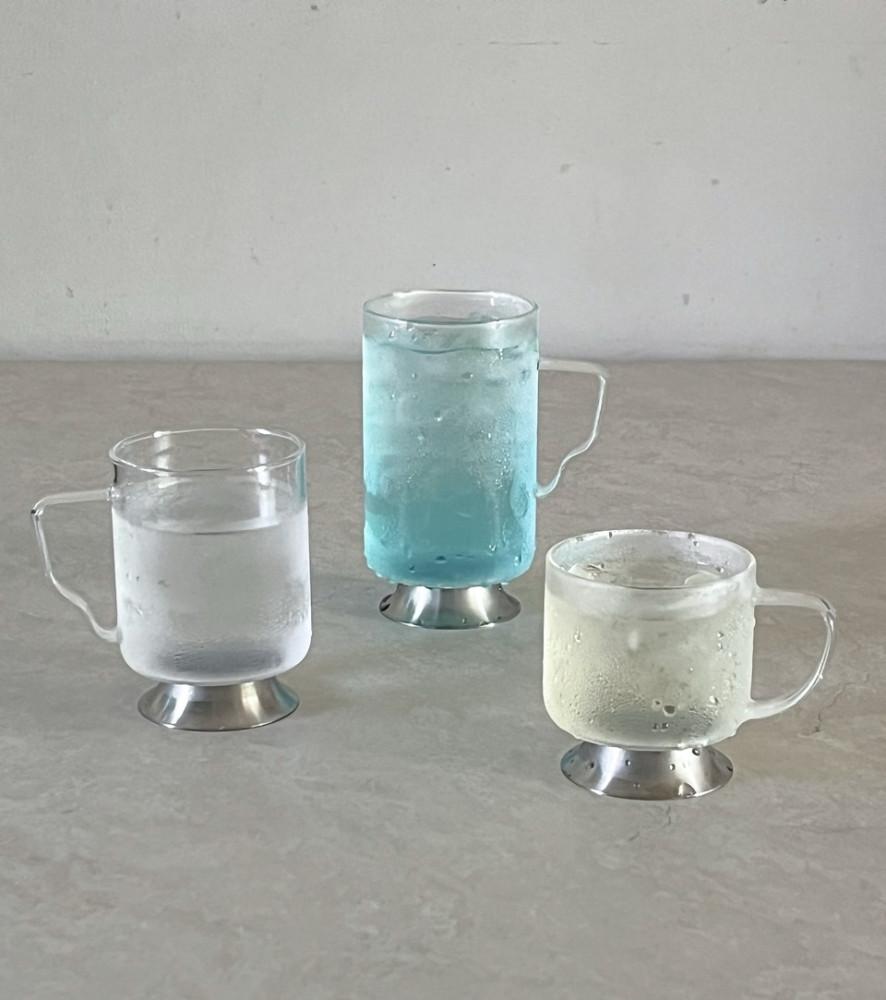 (손잡이 실버 유리컵) 250ml 스텐 내열 하이볼잔 글래스잔 언더락 집들이 컵선물