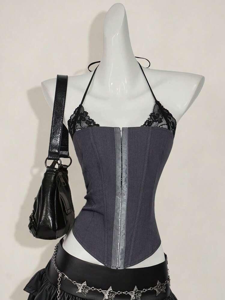 SHEIN ICON 슬림 핏 레이스 모크 넥 여성 탱크 탑