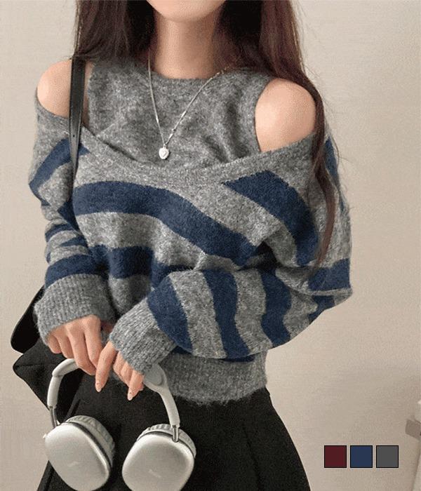 [무료배송] 스푼 스트라이프 앙고라 레이어드 브이 니트 나시세트