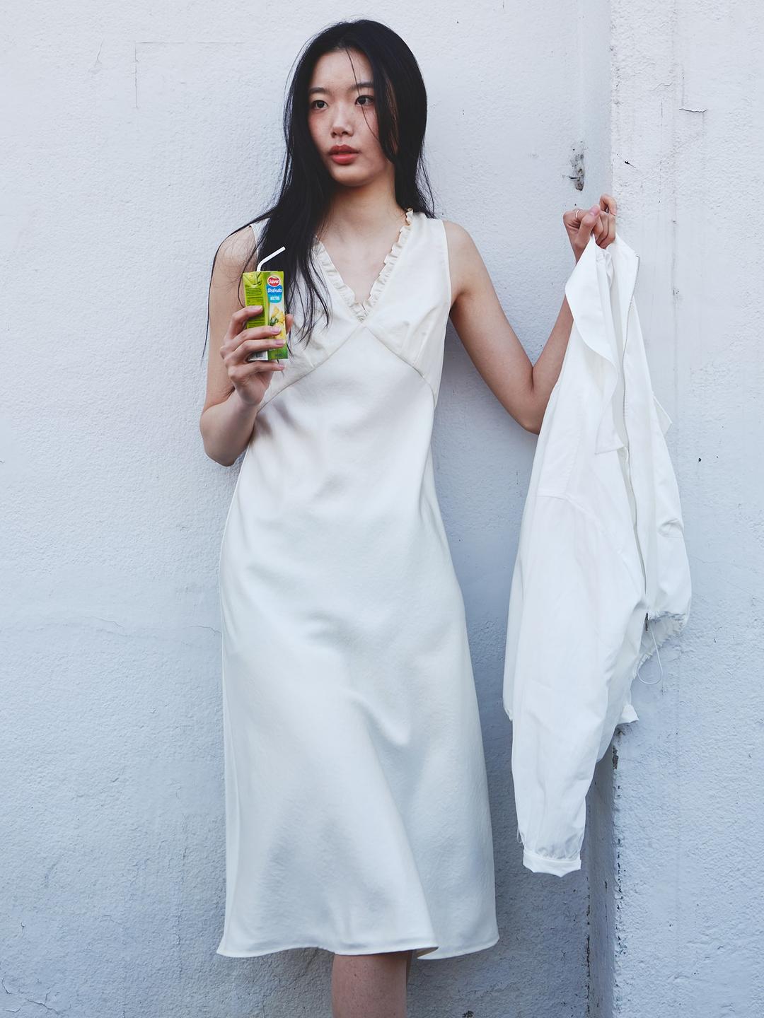 Frill V-Neck Dress - Ivory