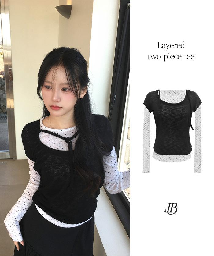 레즌 도트 스트링 레이어드 반팔 긴팔 티 투피스