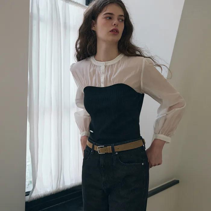 시어 셔링 뷔스티에 블라우스 [BLACK]