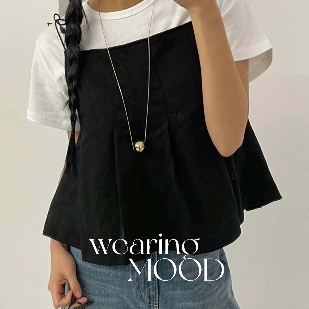 [당일발송] 바스켓 슈슈 뷔스티에 플레어 나시 탑 레이어드 핀턱 리본끈 크롭 블라우스 (2c)