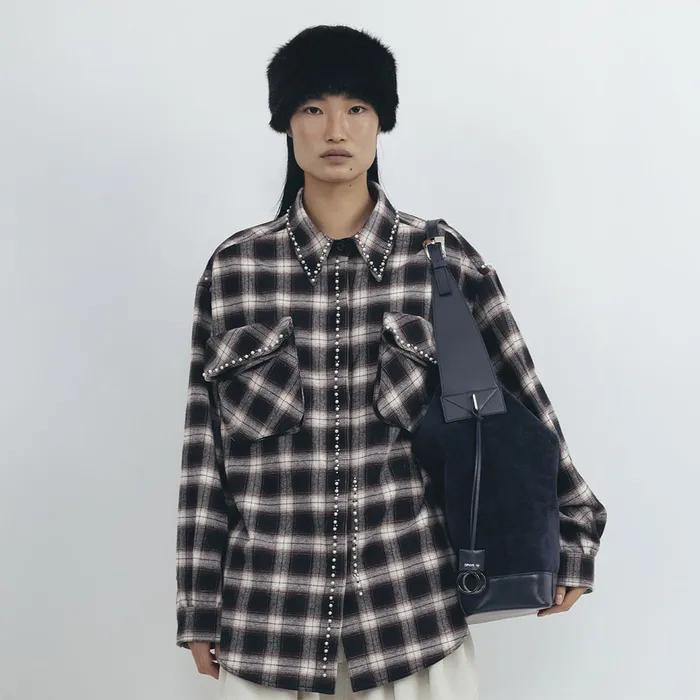 BEADED POCKET SHIRT (CHECKERED BROWN)