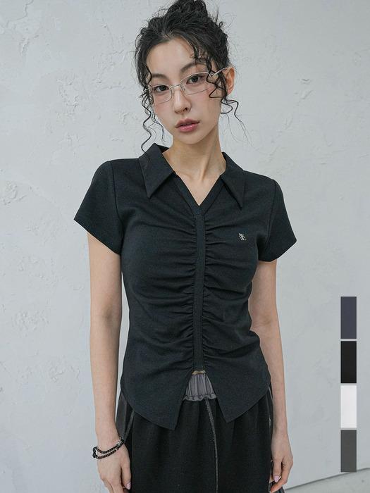 V Shirring Collar Tee - 4COL