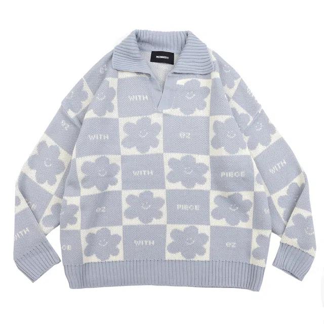 DAISY CHECKERBOARD POLO KNIT SWEATER (SKY BLUE)